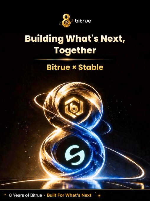 A celebratory graphic for Bitrue's 8th anniversary features a glowing gold-and-blue figure-8 with the Bitrue and "S" (Stable) logos in each loop, set against a cosmic background. The accompanying text announces the Bitrue × Stable partnership, highlighting Bitrue's 8-year journey and its role in supporting $STABLE since Stable's mainnet launch, with slogans "Building What's Next, Together" and "Built For What's Next" reinforcing the milestone.