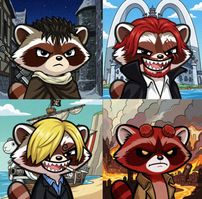 The image features four cartoon raccoons, each with different hairstyles and clothing styles, standing next to each other against a city skyline backdrop. The raccoon on the left has brown hair and is wearing a black suit, while the raccoon in the center has blonde hair and is dressed in a blue shirt. The raccoon on the right also has brown hair but is wearing a red jacket. Each raccoon appears to be engaged in various activities or poses, creating an interesting and dynamic scene that captures the viewer's attention.