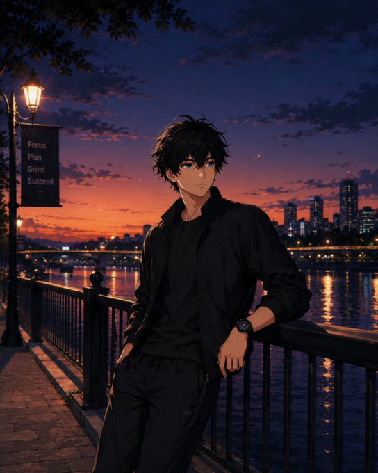 An anime-style digital illustration of a dark-haired young man in a black outfit leaning against a riverside railing at sunset, with a city skyline in the background and a lamppost displaying a 'Focus Plan Grind Succeed' banner.