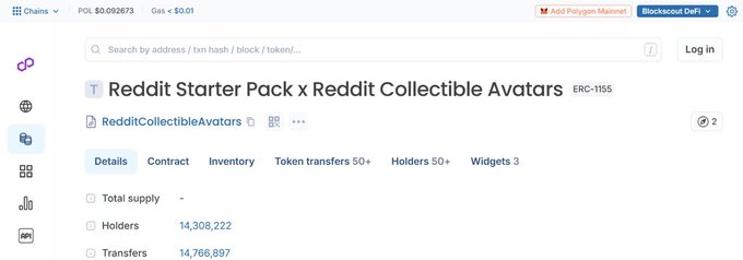 A screenshot of a blockchain explorer page showing the 'Reddit Starter Pack x Reddit Collectible Avatars' (ERC-1155) token by RedditCollectibleAvatars with over 14 million holders.