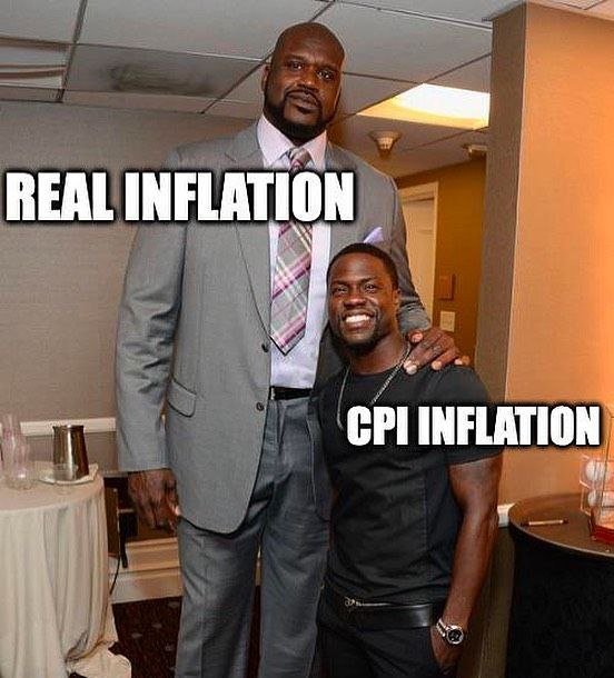 A meme featuring Shaquille O'Neal towering over Kevin Hart, with text labeling O'Neal as 'REAL INFLATION' and Hart as 'CPI INFLATION', humorously illustrating a stark size discrepancy.
