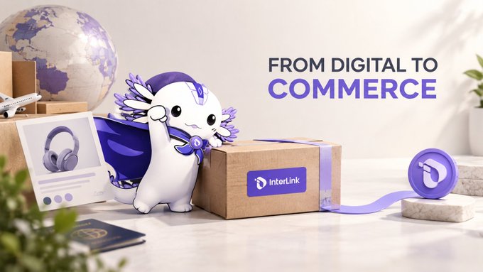 A promotional graphic featuring a white and purple axolotl mascot next to a cardboard box labeled 'InterLink,' with the tagline 'FROM DIGITAL TO COMMERCE' displayed alongside a globe, headphones, and shipping elements.