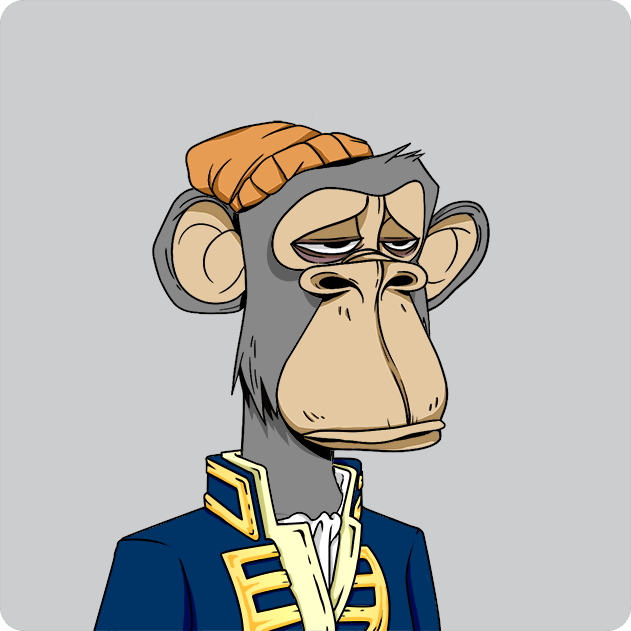The image features a cartoon monkey wearing a blue jacket, hat, and a white shirt with gold trim. The monkey appears to be looking sad or bored while standing against a gray background. There are no texts present in the image.
