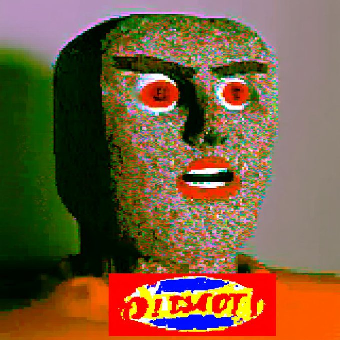 A glitchy, distorted pixel-art face with wide red eyes and an open mouth, positioned above a red banner containing garbled, unreadable yellow and white text.