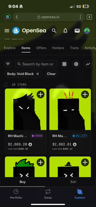 The OpenSea mobile app showing the Explore tab filtered by "Body: Void Black," displaying NFT listings with prices like $2,669.20 and $2,682.61.