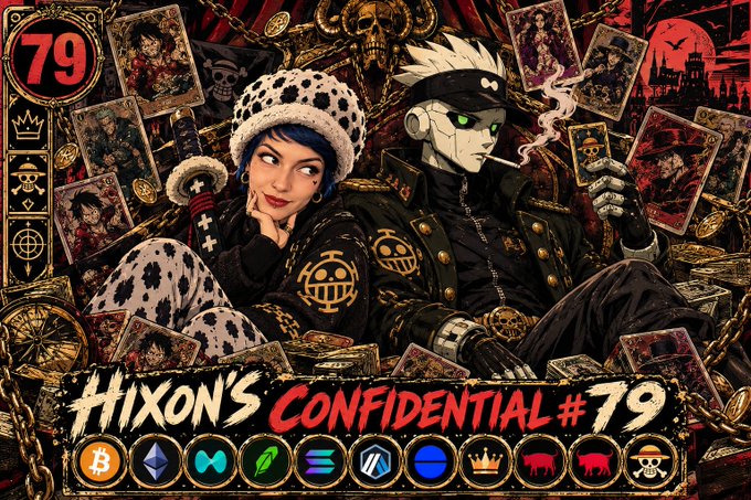 Stylized anime artwork titled 'Hixon's Confidential #79' featuring a girl in a Dalmatian-print hat and a cyborg smoking a cigarette, surrounded by tarot cards, skulls, and cryptocurrency logos (BTC, ETH, SOL, etc.).
