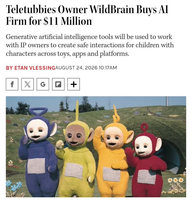 A news headline reads 'Teletubbies Owner WildBrain Buys AI Firm for $11 Million,' dated August 24, 2026, featuring the four colorful Teletubbies characters.