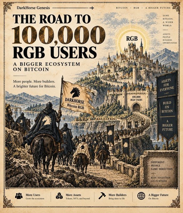 A vintage-style poster titled 'The Road to 100,000 RGB Users' for DarkHorse Genesis, depicting an army marching toward a castle, promoting a Bitcoin RGB ecosystem.