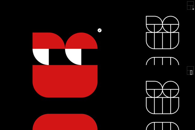 A black background displaying a red and white stylized bear face graphic, accompanied by outlined geometric logo variations on the right side.