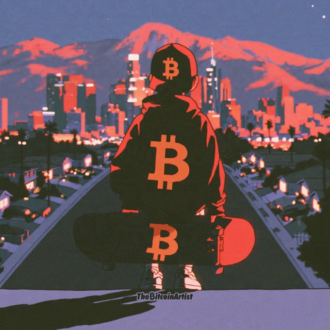 An illustration of a figure with 'B' on their hat and jacket sitting on a skateboard overlooking a city and mountain at sunset, signed 'TheBitcoinArtist'.
