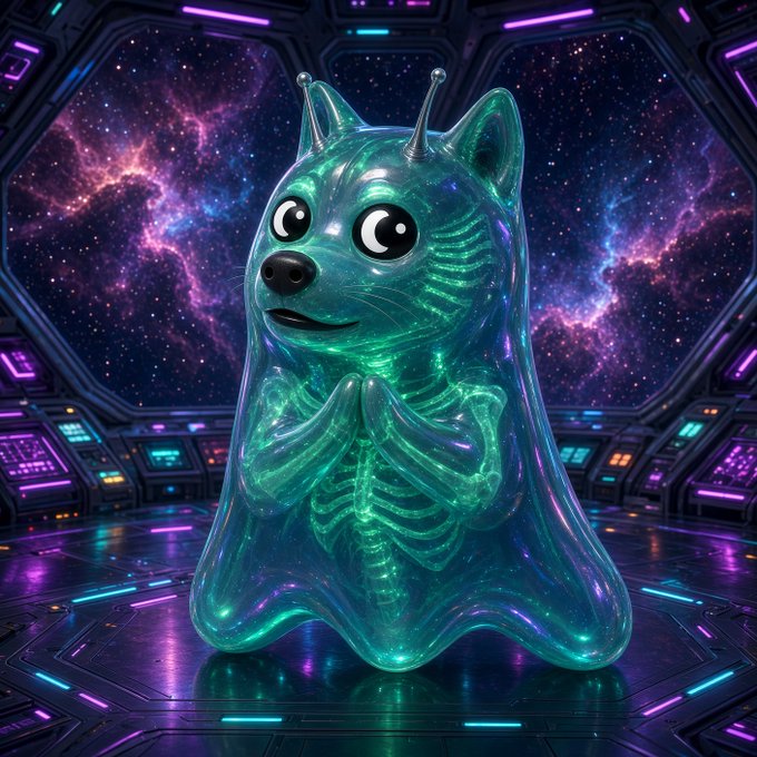 A 3D rendering of a translucent, glowing cyan ghost-like character with a visible skeletal structure and large cartoon eyes, set in a neon-lit sci-fi control room with a galaxy backdrop.