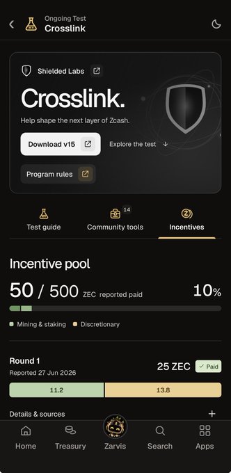 A mobile app screen for the "Crosslink" ongoing test by Shielded Labs, showing an incentive pool progress bar at 10% (50/500 ZEC reported paid) with a "Zarvis" tab active at the bottom.