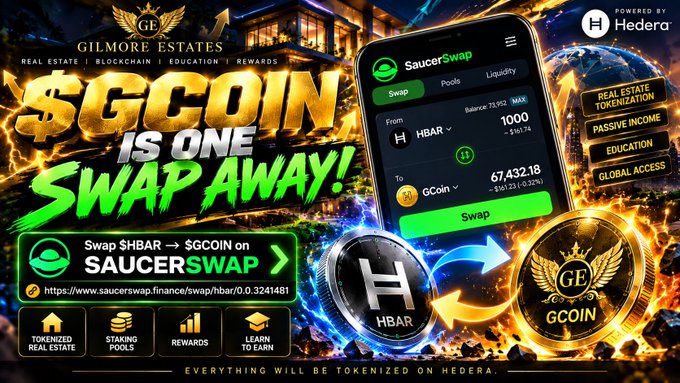 A promotional advertisement for Gilmore Estates showing a SaucerSwap interface swapping HBAR to Gcoin, with text 'SGCOIN IS ONE SWAP AWAY!' and the URL saucerswap.finance/swap/hbar/0.0.3241481, powered by Hedera.