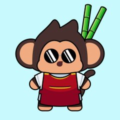 A cartoon illustration of a cute monkey character wearing sunglasses, a red apron, and holding bamboo sticks against a light blue background.