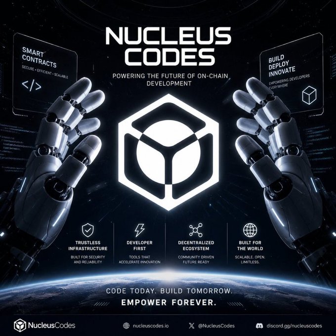 A promotional poster for 'NUCLEUS CODES' blockchain platform, featuring robotic hands and the tagline 'POWERING THE FUTURE OF ON-CHAIN DEVELOPMENT' with social handles @NucleusCodes.
