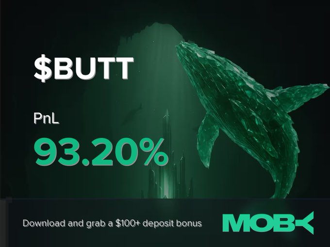 A dark green promotional graphic for 'MOBX' featuring a polygonal whale and cityscape silhouette, displaying '$BUTT' ticker with a 'PnL' of '93.20%' and offering a '$100+ deposit bonus'.