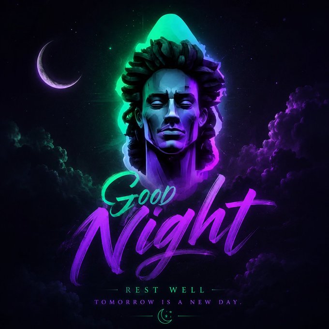 A neon-colored "Good Night" illustration features a sculpted bust with glowing teal and purple accents against a starry night sky with a crescent moon, reading "Rest Well. Tomorrow is a New Day."