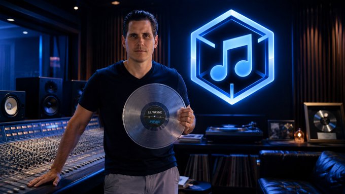 A man in a dark t-shirt holding a silver vinyl record in a recording studio, with a neon music note logo and mixing console visible in the background.