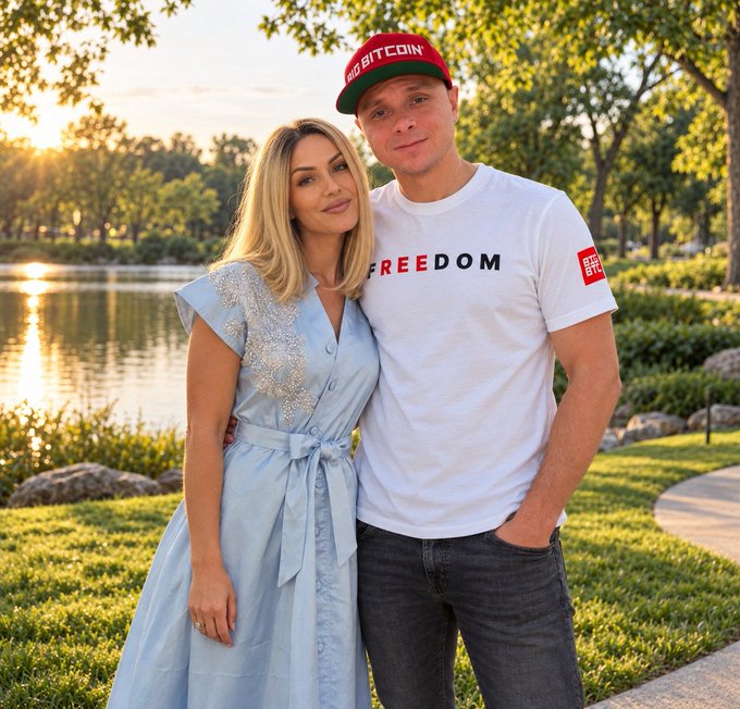 A couple posing outdoors by a lake at sunset; the woman wears a light blue dress while the man wears a white t-shirt reading 'FREEDOM' and a red cap that says 'BITCOIN'.