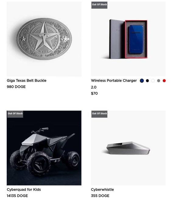 The image features four distinct images of electronic gadgets, including a cell phone, a motorcycle or quad bike (a type of off-road vehicle), an ATV (all-terrain vehicle), and a suitcase with a branded logo on it. A website is listed at the bottom right corner that promotes these items, suggesting the products could be found online for sale. The post refers to these gadgets as "throwback to when you could buy Tesla merch with Dogecoin". The caption emphasizes the nostalgia of buying such items in the past and how they can still be relevant today due to the presence of Doge coins.