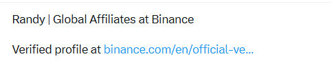 A digital profile header showing "Randy | Global Affiliates at Binance" with a link to a "Verified profile at binance.com/en/official-ve...".