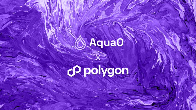 A purple marbled background featuring the logos 'Aqua0' and 'polygon' with an 'x' between them, indicating a partnership between the two entities.