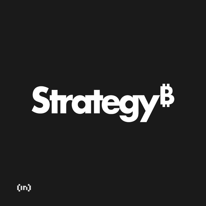 A black background with white text reading 'Strategy' followed by a Bitcoin symbol '₿', with '(in)' in the bottom left corner.