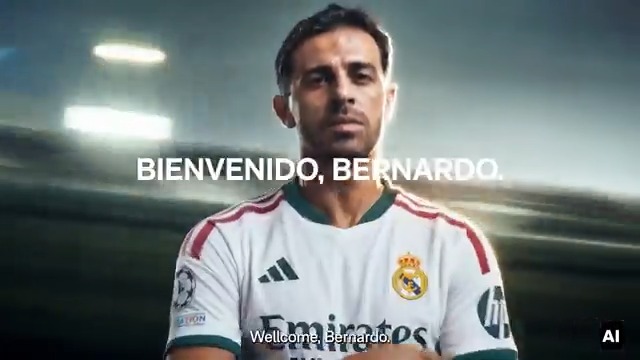 A promotional image showing football player Bernardo in a white Real Madrid jersey with text reading 'BIENVENIDO, BERNARDO.'