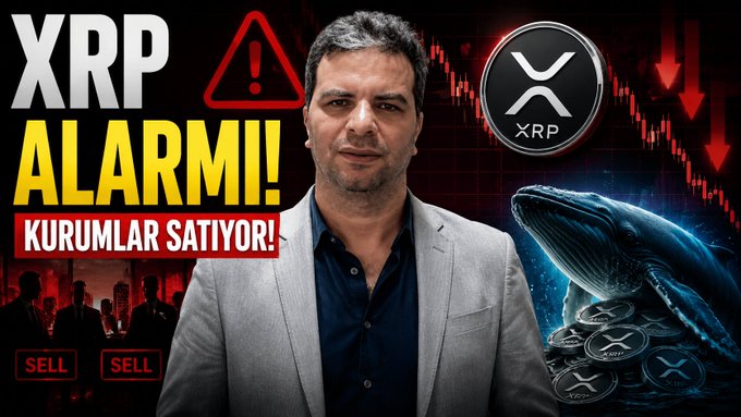 A man in a suit stands before a dramatic red-themed graphic featuring the "XRP ALARM! KURUMLAR SATIYOR!" headline, an XRP logo, downward-trending charts, and a whale illustration surrounded by XRP coins. The bold imagery visually reinforces the post's theme of a divergence between institutional selling and whale accumulation in XRP.