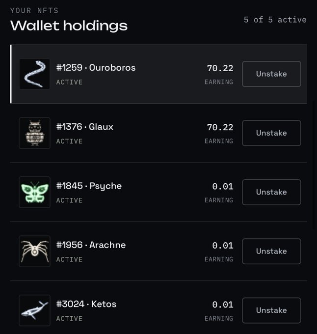 A screenshot of a wallet holdings page showing 5 of 5 active NFTs, including #1259 Ouroboros and #1376 Glaux earning 70.22, alongside #1845 Psyche, #1956 Arachne, and #3024 Ketos earning 0.01 each, with unstaking options available. The image relates to the post by displaying the three newly activated NTRPY collection NFTs (Psyche, Arachne, and Ketos) now earning alongside the user's existing holdings.