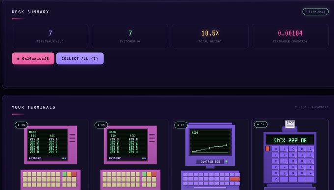 A dashboard interface showing 'DESK SUMMARY' with 7 terminals held, 18.5x total weight, and 0.00184 claimable $GOUTON, featuring retro-style computer terminal illustrations.