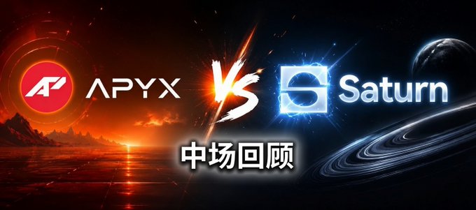The image shows a graphic with text written in Chinese that reads "APYX vs. SATURN". The surrounding background features an illustration of Saturn floating amidst fiery red and orange flames. This design is accompanied by two other illustrations, one depicting a white planet with blue flames below it (likely representing the planet Mars) and another featuring a black planet with red flames above it (possibly Jupiter). A caption at the bottom of the image reads "Two months have passed, evoking a profound sense of things remain, but people have changed."