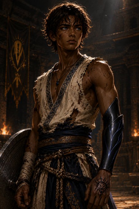 A digital illustration depicts a battle-worn young male warrior with dark curly hair, wearing a torn white tunic, blue sash, and a metal arm guard, holding a shield in a dimly lit stone hall with a banner in the background.