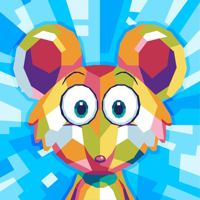 A geometric/polygonal style digital illustration of a mouse or bear-like character with large eyes and rounded ears against a blue background.