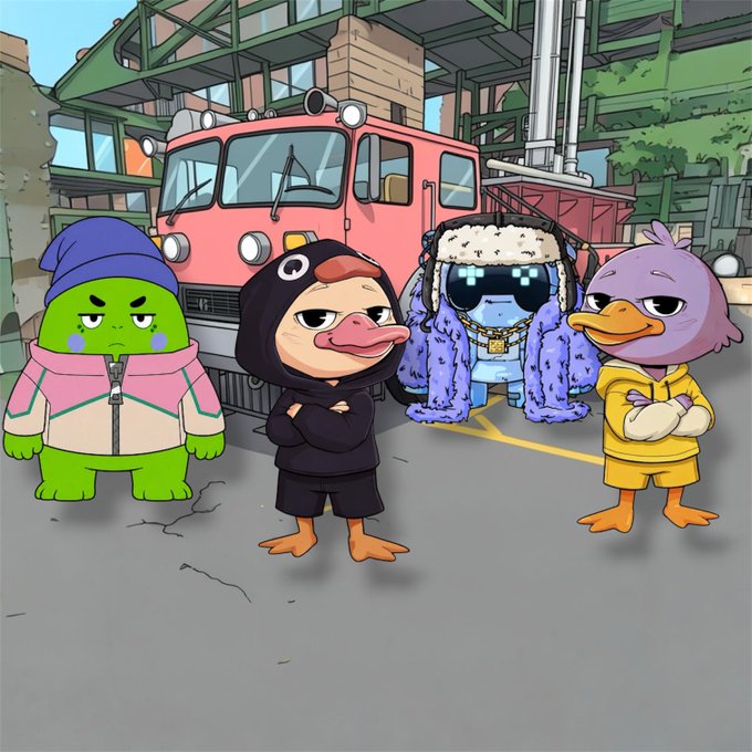 Four stylized cartoon characters—a green bear in a pink/cream jacket and beanie, a duck in a black penguin-style hoodie, a blue figure in a purple fur coat with sunglasses and chains, and a purple duck in a yellow hoodie—pose together in a stance reminiscent of a rap group photo, with an industrial building and pink van in the background, fitting the playful crypto/Web3 "gm gm x famm" weekend vibe of the post.