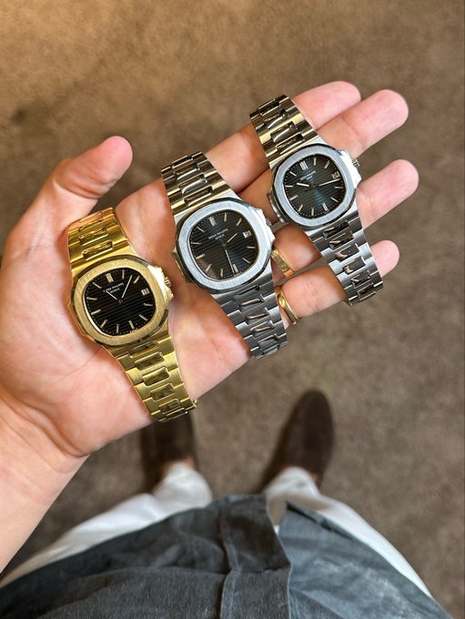 A hand holds three Patek Philippe Nautilus watches in gold, two-tone, and steel finishes, all displaying the brand name "Patek Philippe" and "Automatic" on their black textured dials. The image complements the post's message about seamless crypto payments making even high-end luxury purchases feel effortless—just "tap, pay, done."