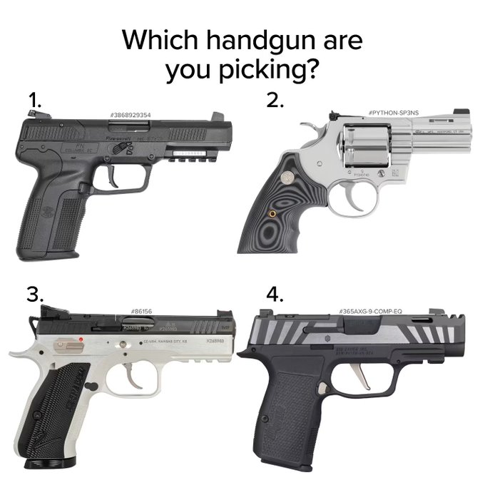 A selection of four handguns labeled 1 through 4 for the prompt "CZ P-09," featuring what appears to be a CZ P-09 (item 3, marked #86156), alongside three other pistols: a Precision Firearms model (#3868929354), a Python SP3NS revolver (#PYTHON SP3NS), and a 365AXG-9-COMP-EQ (#365AXG-9-COMP-EQ).