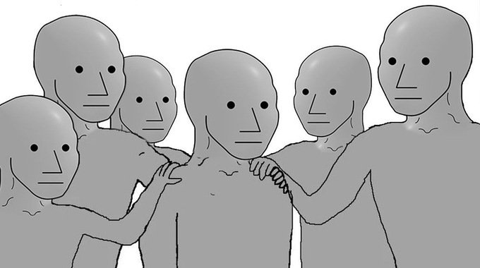 An illustration shows a group of identical gray, faceless humanoid figures with simple dot eyes and line mouths, standing closely together in a tight cluster.