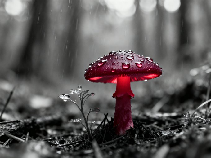 A vibrant red mushroom dotted with glistening raindrops emerges from a desaturated forest floor, with delicate water-beaded seedling beside it, embodying the quiet, hidden beauty of nature revealed after rainfall. The striking contrast between the lone colored subject and the black-and-white surroundings captures the artwork's evocative title, "Rain's Secret."