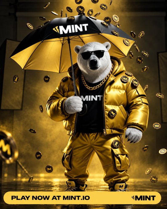 A promotional graphic for the cryptocurrency MINT features a bear mascot in sunglasses, gold chains, a gold puffer jacket, and matching pants, holding a gold-and-black MINT umbrella amid falling gold coins, with "PLAY NOW AT MINT.IO" and the MINT logo at the bottom.