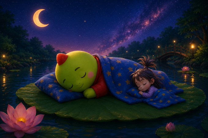 A child and a green dinosaur-like creature named Dino peacefully sleep on a star-patterned blanket atop a lily pad under a starry night sky, surrounded by glowing lanterns, a crescent moon, and lotus flowers on calm water—visually capturing the soothing, restful atmosphere that @sleepagotchi's AI-guided sleep tracking and $SLEEP ecosystem aim to cultivate through consistent, rewarding bedtime habits.
