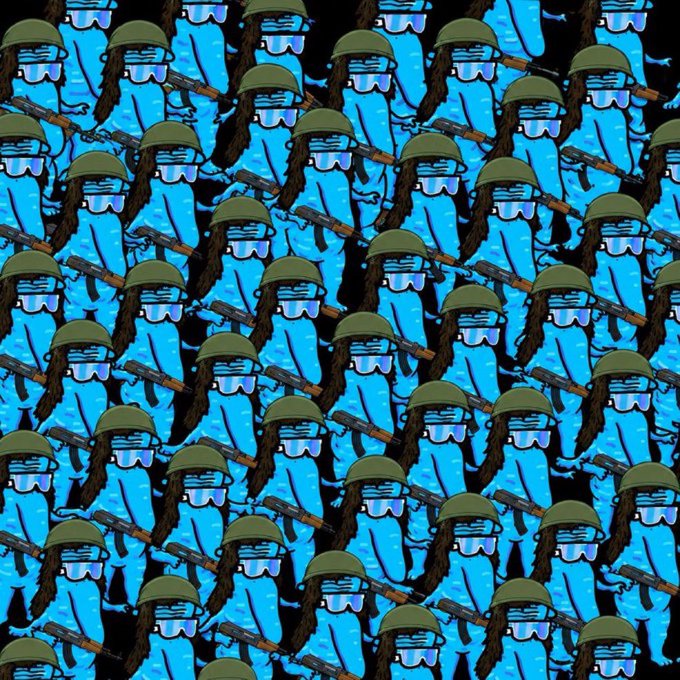 A repeating pattern of cartoonish blue figures wearing military helmets, goggles, and wielding rifles fills the image, evoking a meme-style "army" of soldiers. The visual humor ties into the post's chaotic call-to-action, where the user jokingly commands followers to swarm and annoy @json1444 until they trend on Pump.fun—a crypto memecoin platform—using the aggressive soldier motif to amplify the disruptive, "bag worker" energy of the message.