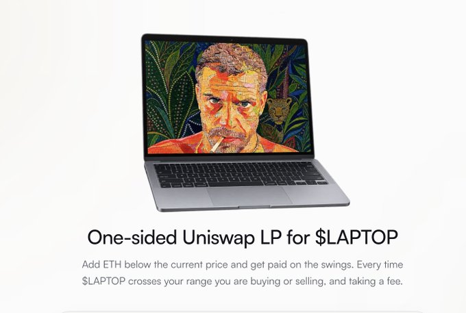 The image shows an open laptop displaying a colorful mosaic-style portrait of a man smoking, positioned above text reading "One-sided Uniswap LP for $LAPTOP" with instructions about adding ETH below the current price to earn fees as $LAPTOP trades within the range. This promotional graphic relates to the post by showcasing the user-friendly tool (laptop.rhps.fun) created to help users view Uniswap pools and learn liquidity providing for the upcoming $LAPTOP token launch.