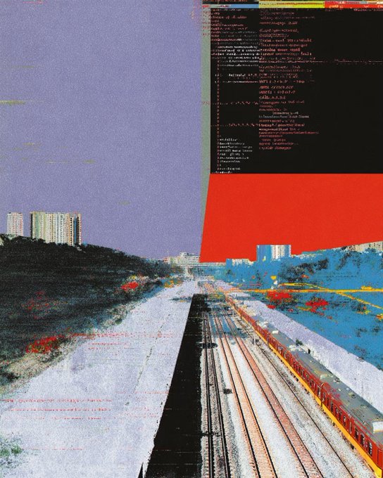 The image is a glitch-style, digitally manipulated photograph of an urban landscape featuring multiple train tracks running through a hillside with distant apartment buildings, partially obscured by a black block of code on the upper right and a large red angular shape cutting across the composition. Visible text includes what appears to be code listing cryptocurrencies like "EthereumGold," "EthereumLite," and "EthereumClassic," tying into the post's promotion of "eternal transmission" as a digital NFT artwork available on SuperRare.