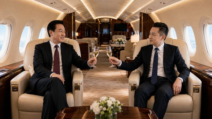 Two well-dressed men in business suits toast with champagne glasses inside a luxurious private jet cabin, celebrating a high-end business deal. The image illustrates the post's claim that Sun Yichen (孙宇晨) acquired Xu Jiayin's (许家印) abandoned Airbus ACJ330 for just $25 million, down from its original $90 million price.