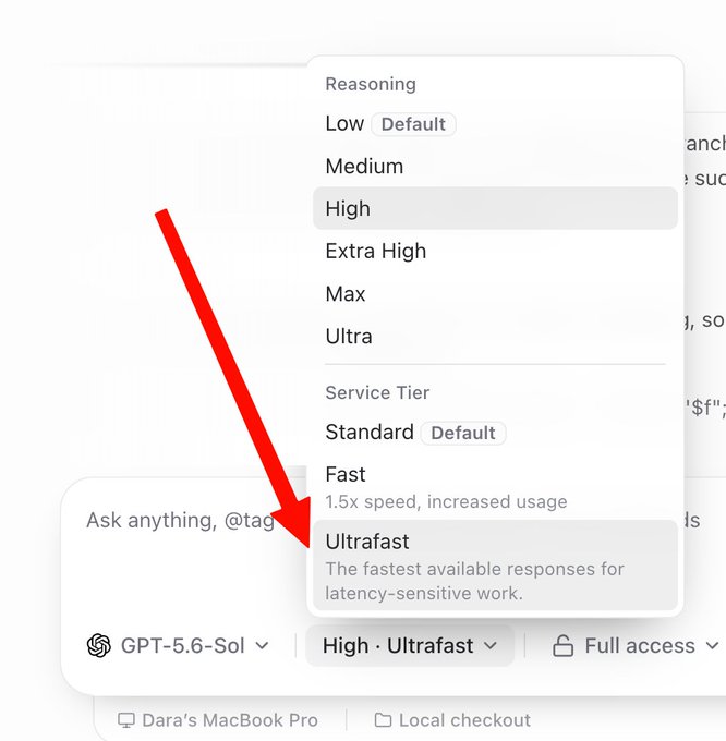 A dropdown menu shows ChatGPT's reasoning and service tier settings, with "High" reasoning and "Ultrafast" service tier selected, while a red arrow points to the ultrafast option labeled "The fastest available responses for latency-sensitive work." This relates to the post's claim about Sol being stealth tested at 750tps (tokens per second), as the "Ultrafast" tier would deliver the high-speed inference rates needed to reach that throughput.