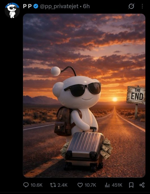 A tweet from @pp_privatejet featuring an AI-generated image of a Reddit mascot wearing sunglasses and a backpack, holding a suitcase full of money next to 'THE END' signpost on a desert road.