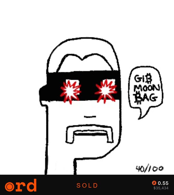 NFT artwork titled 'ord' showing a simple drawing of a character with red star-shaped glasses saying 'GIB MOON BAG', marked as SOLD for 0.55 ETH ($35,434).