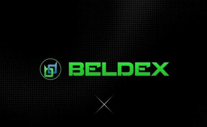 The Beldex logo in green and blue text against a dark, grid-patterned background, with a stylized 'X' below it.