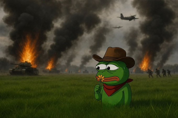 A digital illustration of the Pepe the Frog meme character wearing a cowboy hat and red bandana, holding a small flower, with a chaotic war scene of tanks, soldiers, and aircraft in a burning battlefield behind him.